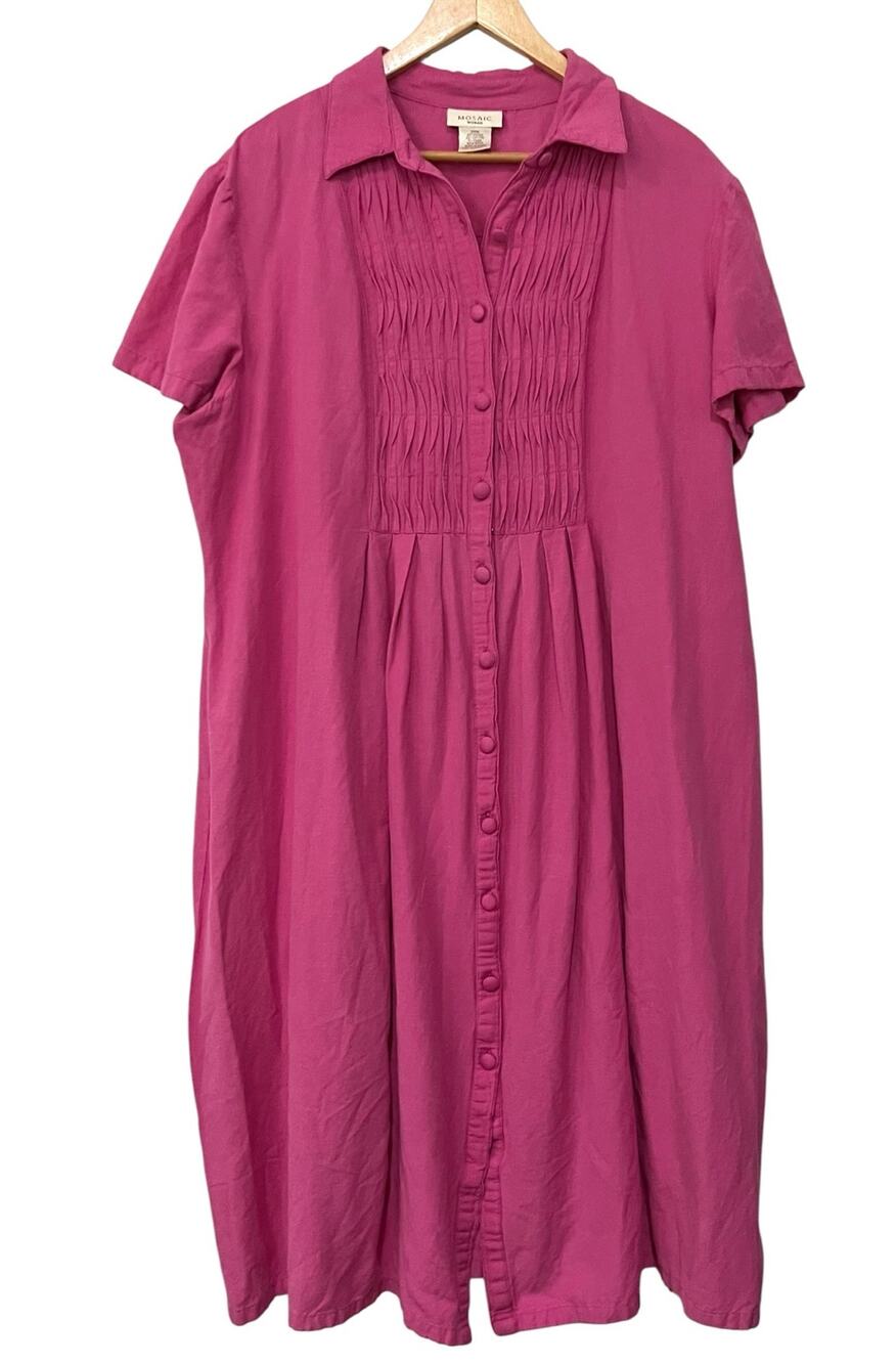 Mosaic Shirt Dress Linen Blend Pink Button Up Knee Length Women’s Size 24W